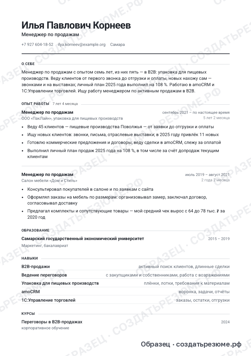 Образец резюме менеджера по продажам в шаблоне «Классический»